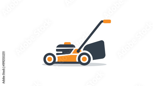Modern flat vector icon illustration of an orange and grey push lawnmower on a white background. This clean, scalable graphic represents gardening equipment, lawn care, and landscaping tools.