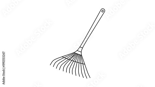 Minimalist Garden Rake Vector Icon with Editable Stroke. Clean black line illustration of a wide fan rake for leaves and yard work, ideal for gardening and landscaping designs on white background.