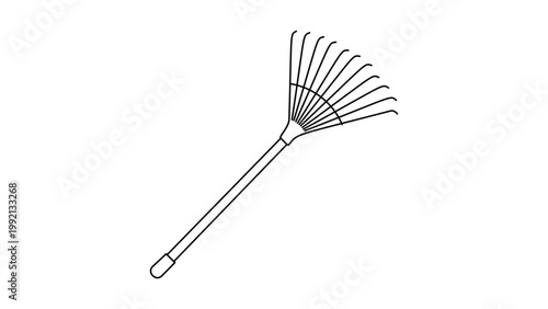 Garden Leaf Rake Minimalist Vector Icon with Editable Stroke. Hand-drawn black line illustration of a wide fan rake for gardening, landscaping, and yard work. Scalable outline design on white.