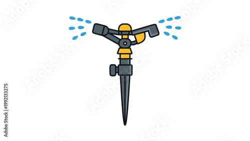 Foto Modern Flat Vector Icon of a Rotating Impact Lawn Sprinkler with Water Droplets and Spike Base for Garden Irrigation and Landscaping, Editable Stroke Illustration Isolated on White Background