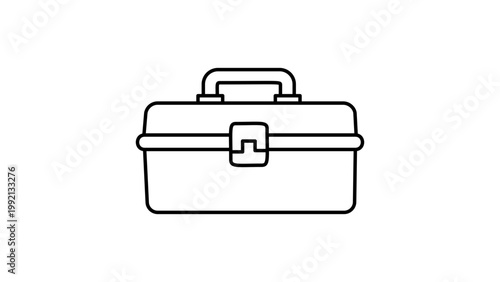 Minimalist Tackle Box Vector Icon with Editable Stroke. Clean black line illustration of a rectangular fishing gear storage container or toolbox on white background for hobby and DIY projects.