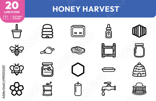 Comprehensive set of twenty line icons showcasing professional beekeeping tools honey production and apiary equipment
