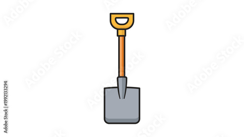 Фотография Shovel Vector Icon Illustration: A modern flat square-ended spade with a wooden handle and yellow D-grip, featuring an editable stroke for customizable line weight on a white background