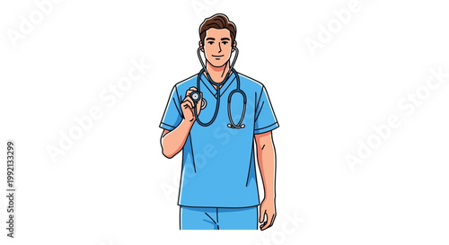A male doctor character wearing professional blue scrubs, representing healthcare expertise and medical service excellence