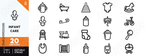 Comprehensive collection of minimalist line icons representing various baby care essentials and newborn nursery equipment.