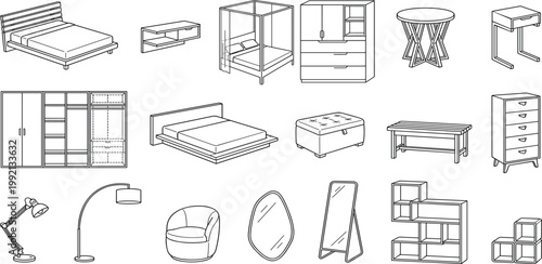 A collection of line art icons depicting various furniture items and home decor, showcasing modern and classic designs for interior spaces