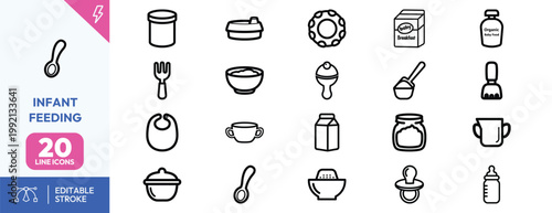 Comprehensive collection of simple linear outline symbols representing various items for baby feeding and nutrition
