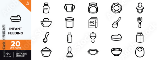 Comprehensive collection of black line icons depicting various infant feeding and baby nutrition essential tools