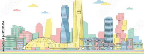 Vector illustration of a colorful modern city skyline with skyscrapers and unique architectural designs under a pastel sky