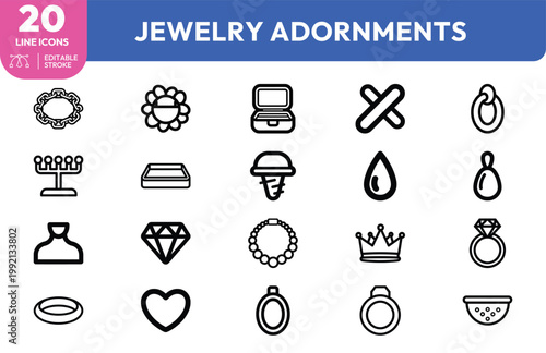 Collection of elegant jewelry and fashion accessories line icons featuring rings diamonds necklaces and crowns.