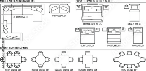 Architectural floor plan designs for modular seating, private bedrooms, and dining spaces