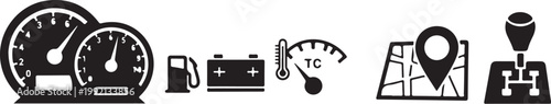 Vehicle, transportation, dashboard, icons, gauge, fuel, navigation, 6 pcs, black, vector