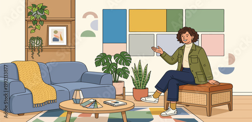 Interior designer presenting color palette options for a modern living room, showcasing creativity and home decor ideas
