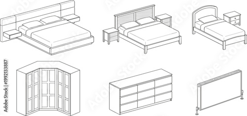 Collection of bedroom furniture illustrations including beds, nightstands, dressers, and wardrobes, presented in an isometric view
