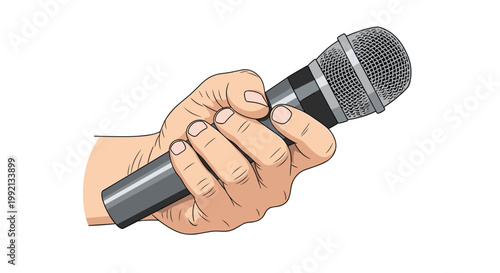 A detailed human hand is shown firmly gripping a modern black and silver dynamic microphone against a clean white background for a professional look.