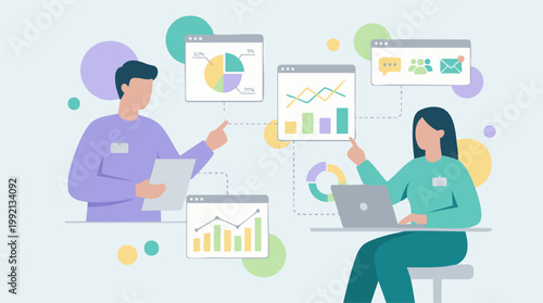 Illustration of business professionals analyzing data and collaborating
