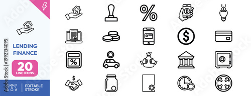 Comprehensive collection of black and white line icons representing various financial services and lending concepts