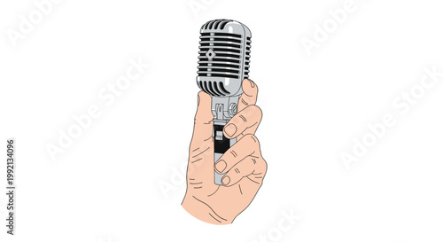 A single hand holds a classic vintage silver ribbon microphone featuring an iconic vertical grill design against a minimalist white studio background.