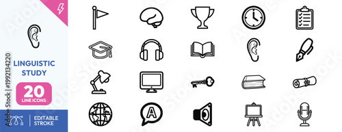 Professional collection of twenty black outline icons for language learning linguistics and academic study education
