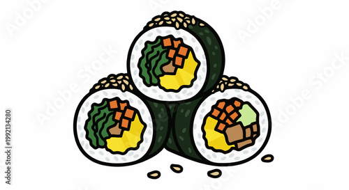 Simple cartoon illustration of three Korean rice rolls stacked on white background