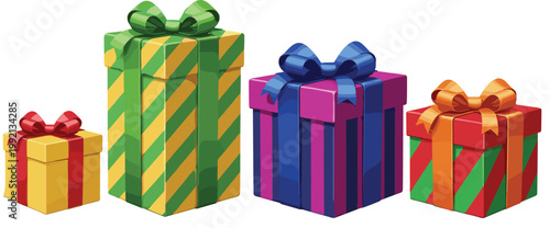 Colorful Gift Boxes Collection with Wrapped Presents, Ribbon Bows, Festive Packaging Design for Birthday, Holiday Celebration, and Surprise Event Illustration