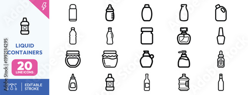 A comprehensive collection of twenty minimalist line icons representing various household liquid containers and bottles