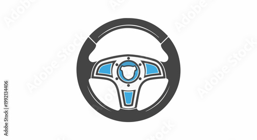 Sleek steering wheel graphic with a central emblem