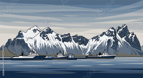 Snow-capped mountains loom over ships sailing in frigid waters
