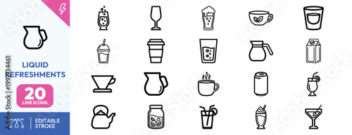 Comprehensive collection of minimalist line icons representing various hot and cold beverages for modern design