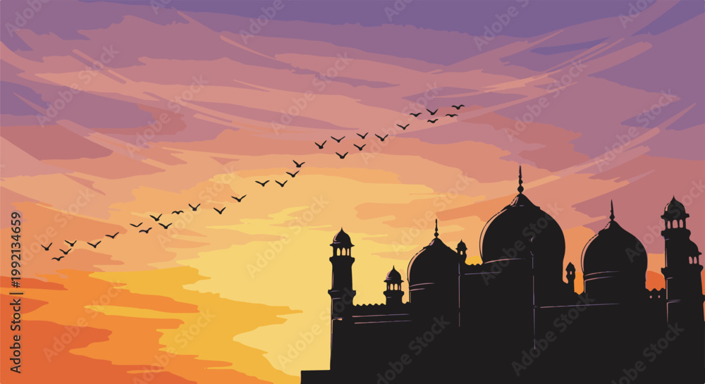 Fototapeta premium Silhouetted domes of an ornate building against a sunset sky with birds in flight