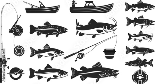 Fishing Rod Reel Boat Fish Bucket and Angling Equipment Icon Set for Outdoor Sport Recreation Hobby Lake River Adventure and Nature Designs