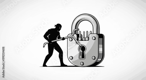 Silhouette of a thief using a crowbar to pry open a large padlock