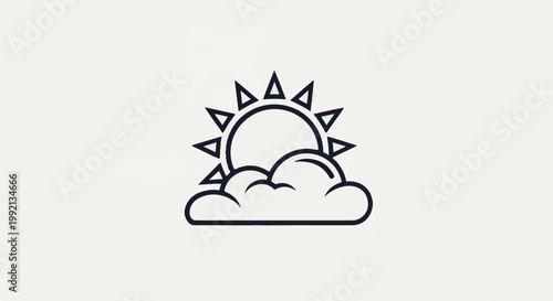 Simple line icon of a sun partially hidden by a fluffy cloud