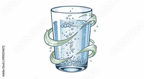 Sparkling water in a glass with swirling green accents and bubbles