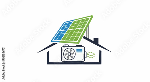 Solar panel and air conditioner illustration inside a house outline