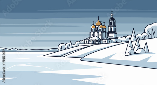 Snowy landscape with a domed church on a hill and a frozen body of water