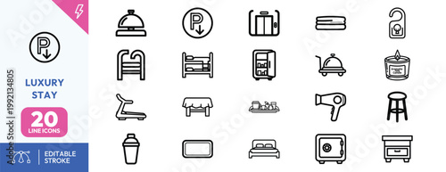 A comprehensive set of twenty minimalist line icons for luxury hotel services and hospitality amenities