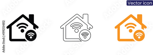 Smart home WiFi icons in black, Line art, And orange on white background