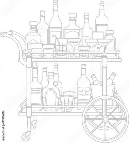 Bar cart with assorted bottles and glasses