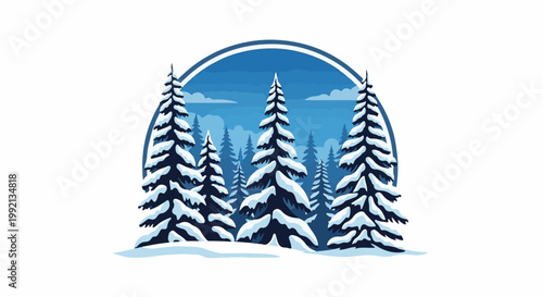 Snow-laden evergreen trees in a frosty winter forest scene framed by a blue arch
