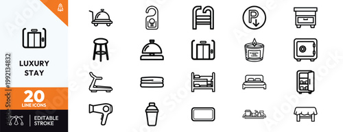 Set of linear icons representing luxury hotel amenities and premium guest services for travel hospitality