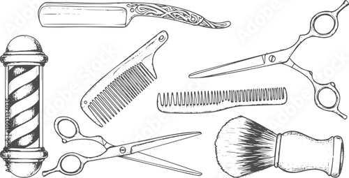 Barber tools: straight razor, scissors, combs, shaving brush, pole