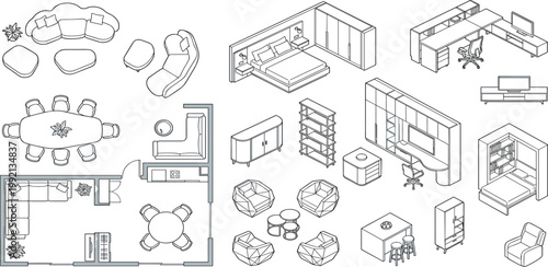 Collection of interior design furniture elements and room layouts, showcasing modern and minimalist furniture styles for home and office spaces