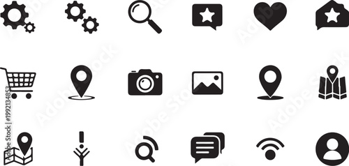 Black icons, web navigation, social media, and e-commerce symbols, 20 flat design elements