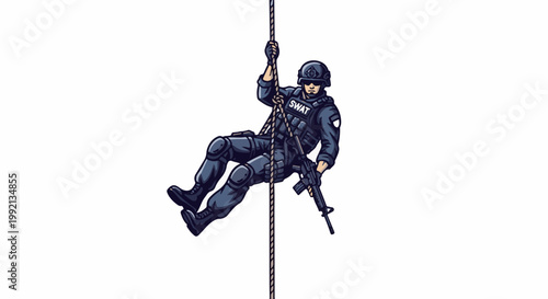 Special forces operative rappels down a rope, armed and equipped for action