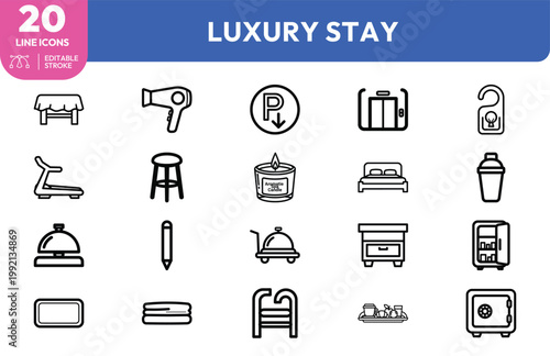 Luxury hotel accommodation and hospitality services line icons set featuring premium guest amenities and facilities