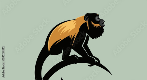 Stylized black monkey with golden mane perches on a branch