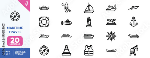 Collection of twenty minimalist line icons representing water transportation vessels and essential maritime navigation equipment