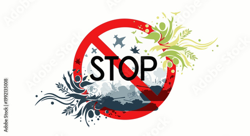 Stop sign with war imagery and floral elements