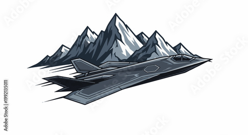 Stealth jet flying over majestic snow-capped mountains
